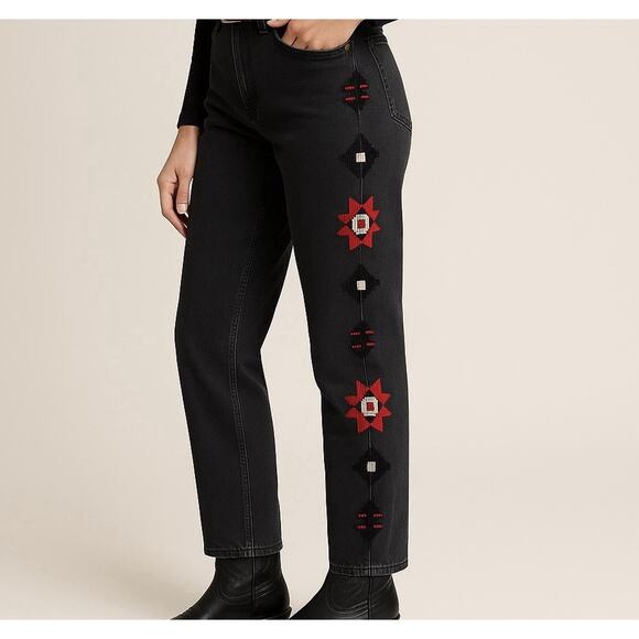 Polo Ralph Lauren Beaded Southwestern Avery Boyfriend Jeans Black 32R Aztec Boho - Picture 1 of 16